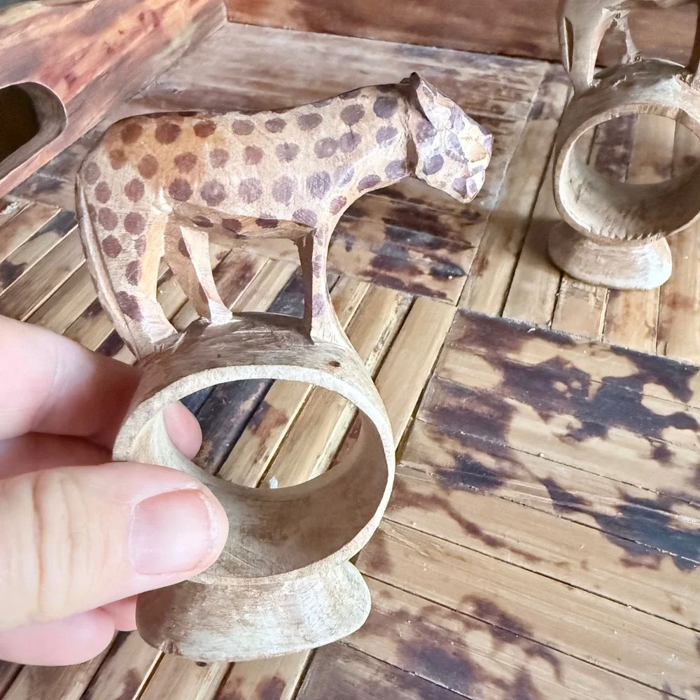 Set of 4 Hand-Carved Wooden Safari Animal Napkin Rings - Folk Art